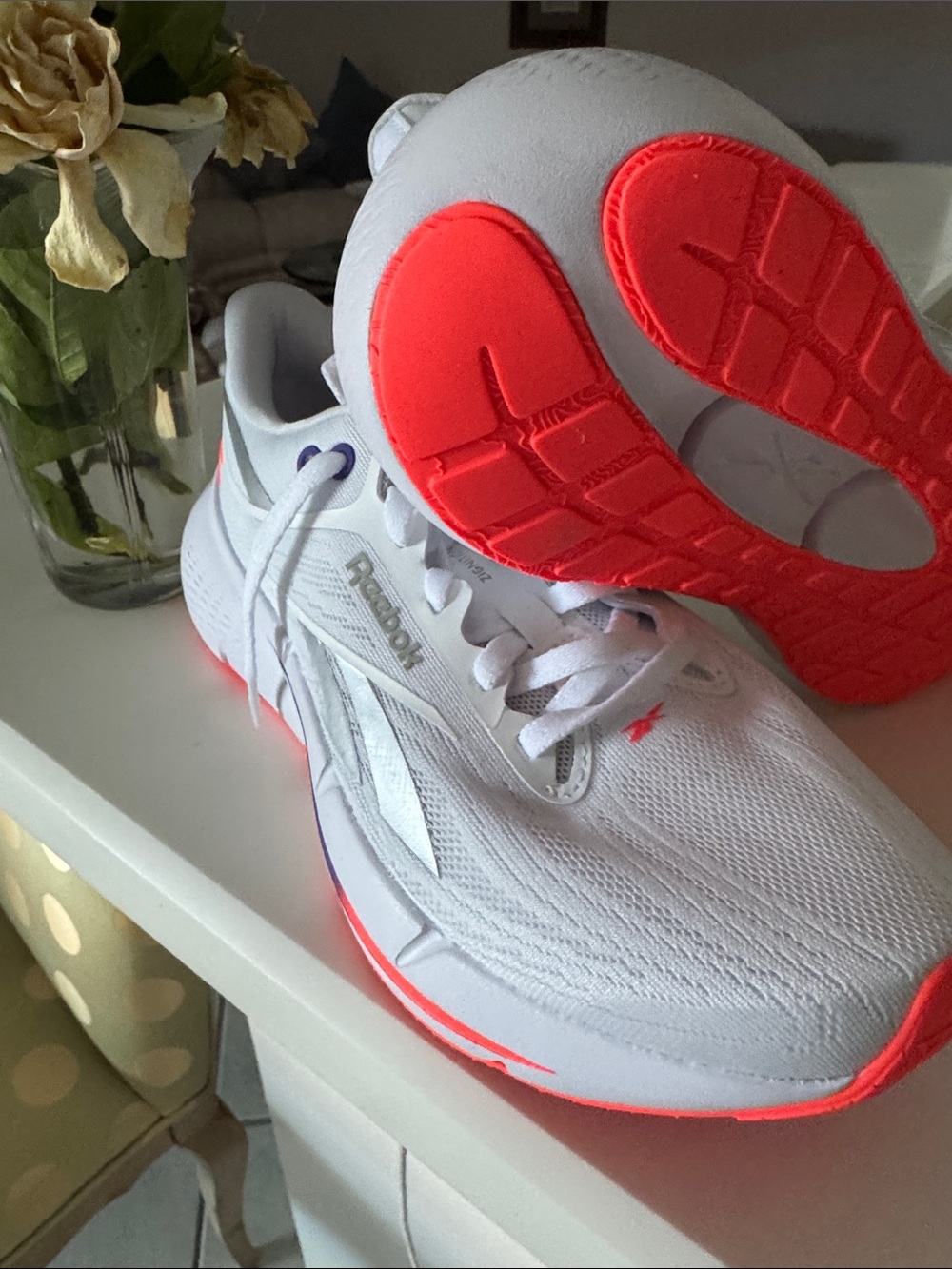 Reebok White Running Sneakers with Neon Coral Accents